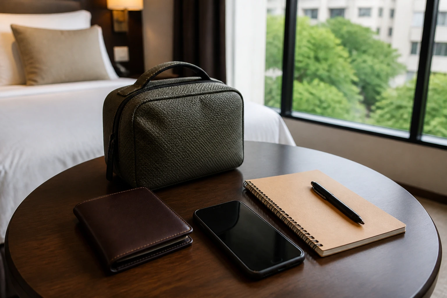 Travel essentials prepared in a San Isidro hotel room