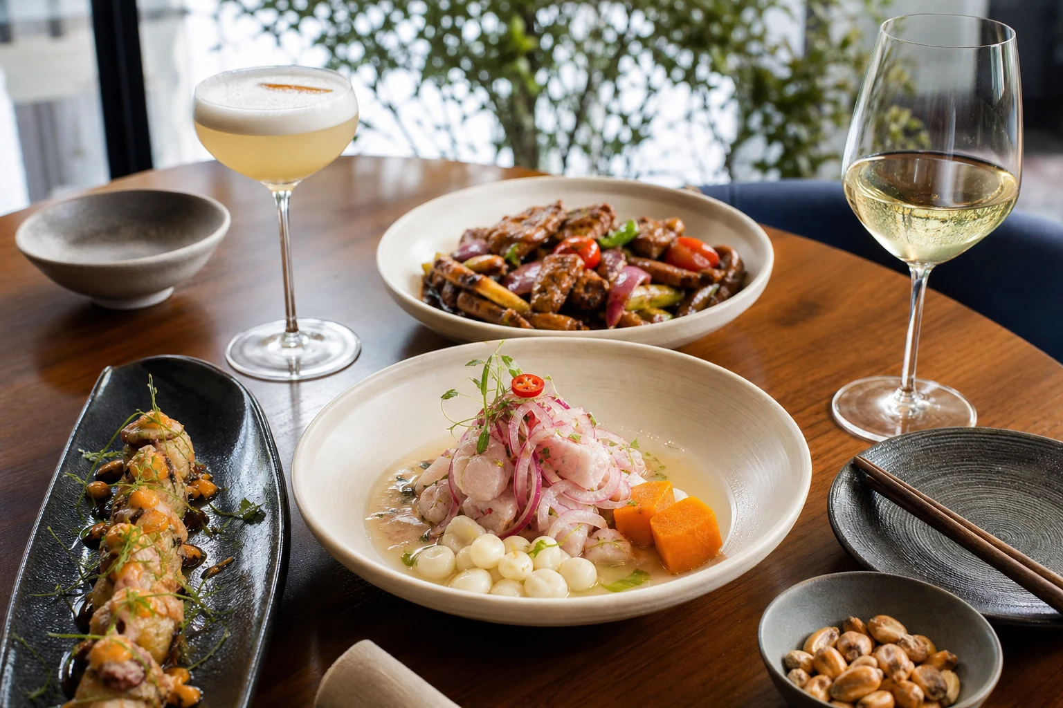 A table set with varied Peruvian dishes in a Lima restaurant