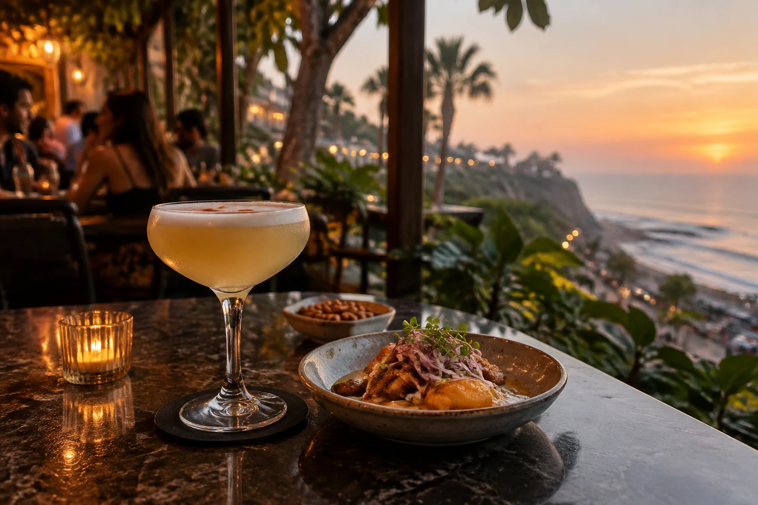 Pisco cocktail and small plate of bar snacks in Barranco